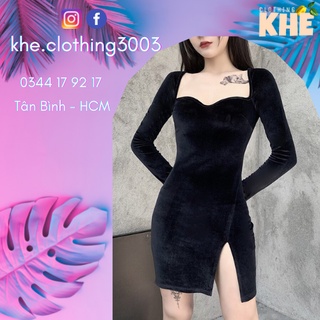 [Có sẵn - ảnh thật] - Đầm body ngắn xẻ tà, tay dài dáng ôm, màu đen quyến rũ, sexy - chất nhung, váy đi tiệc, đi chơi