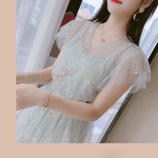 Váy/đầm công chúa dáng dài xếp tầng voan 2 lớp xòe cổ V tay cánh bướm lấp lánh blink blink V00057