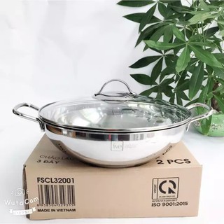 Chảo lẩu xào sâu lòng Fivestar Standard inox 430 bếp từ 3 đáy 32cm nắp kính.tặng 1 vá canh inox