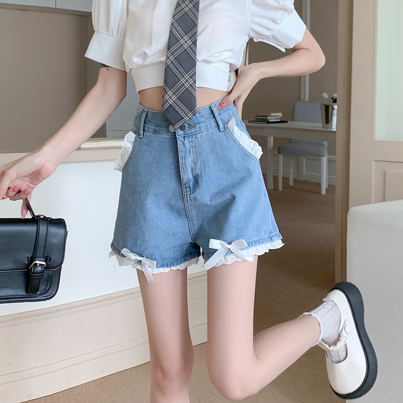 Quần Short Denim Ống Rộng Viền Ren Mới Kiểu Retro Hàn Quốc