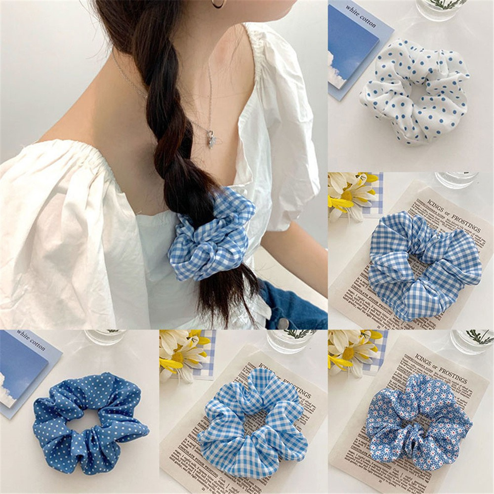 🌸EUTUS🌸 Korea Embroidered Scrunchies Headband Hair Rope Ponytail Hair Tie Hair Accessories Stretchy INS Hair Rubber Bands Polka Dot Plaid Print