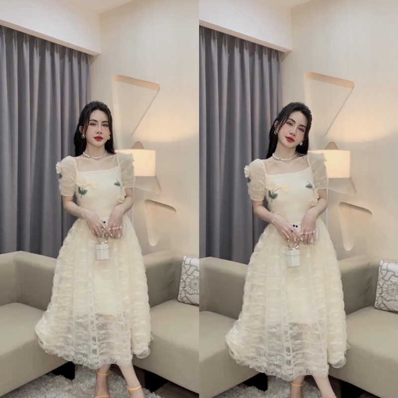 Váy thêu hoa lá 3D đầm dự tiệc cao cấp giá tại xưởng
