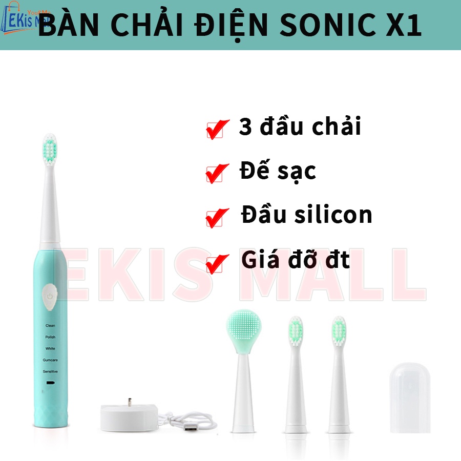 Máy đánh răng điện tự động Sonic X1 đa năng Ekis Bàn chải điện Cao cấp 5 chế độ kèm đế sạc và đầu chải silicon