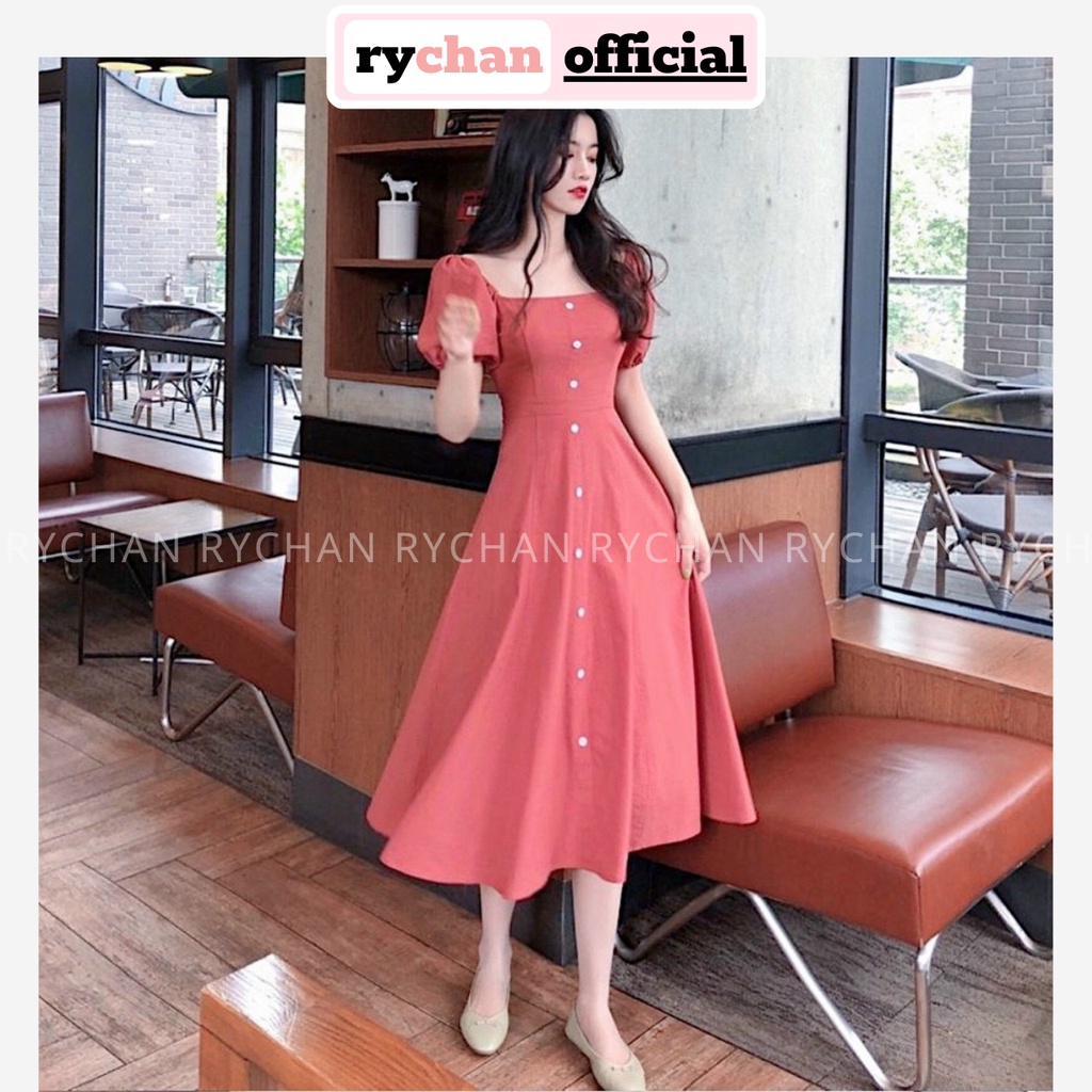 Đầm Xòe Midi Hồng Bẹt Vai Tay Phồng Bo Chun  - DX0088