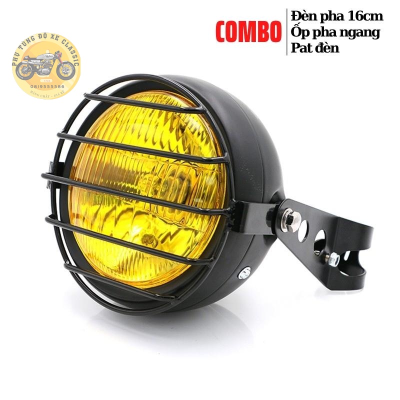 Combo đèn pha độ 16cm kèm sẵn ốp sắt bảo vệ pha và bộ pat gắn đèn vào phuộc dùng độ xe CLASIC Win GN125