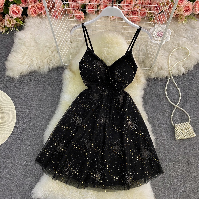 Đầm hai dây IELGY đính sequin thời trang kiểu chữ A cho nữ