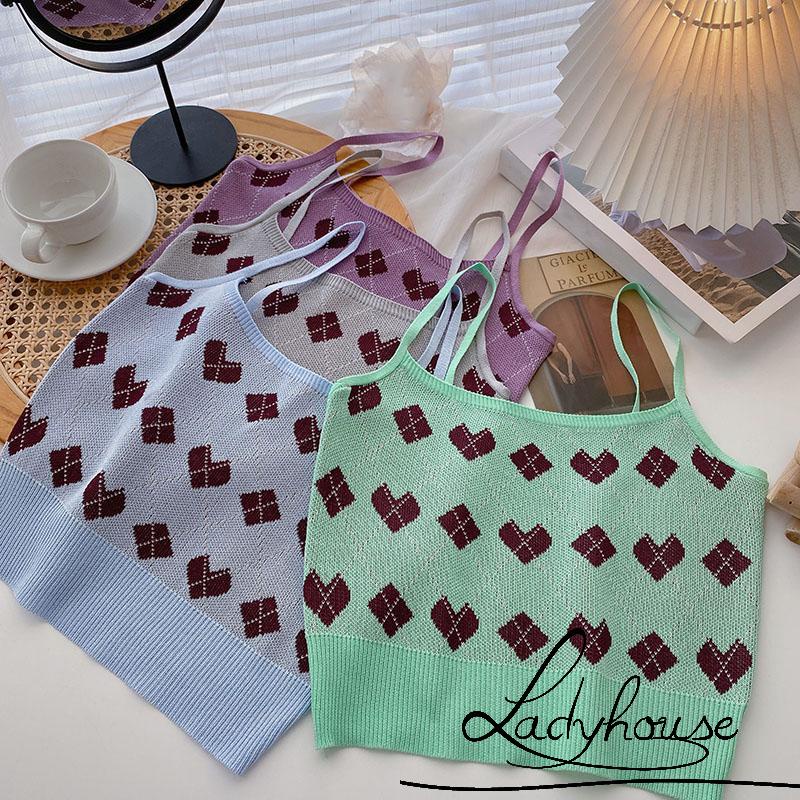 Áo dệt kim không tay cổ chữ U in họa tiết trái tim phong cách vintage cho nữ