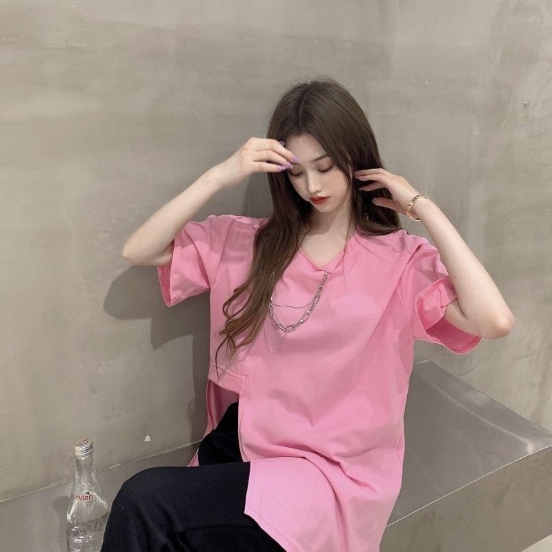 Áo Thun Tay Ngắn Dáng Rộng Màu Sắc Trơn Thiết Kế Xẻ Tà Độc Đáo