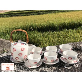 [BÁN RẺ LẤY TƯƠNG TÁC] Bộ Ấm trà Sứ Bát Tràng vẽ tay Hoa đỏ ⚡DUNG TÍCH 520ml⚡