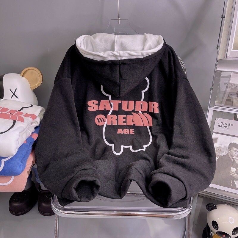 Áo Khoác Hoodie SATUDR OREAN AGE Gấu Khóa Kéo Chống Nắng - Nón 2 Lớp Hàn Quốc Unisex Teen 99 Giá Rẻ