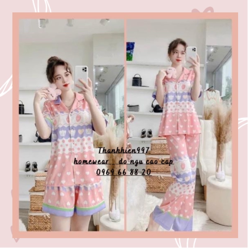 PIJAMA ĐÙI - TAY NGẮN  DÂU, SÓNG NƠ TÍM LỤA XƯỚC P004 CAO CẤP QC.