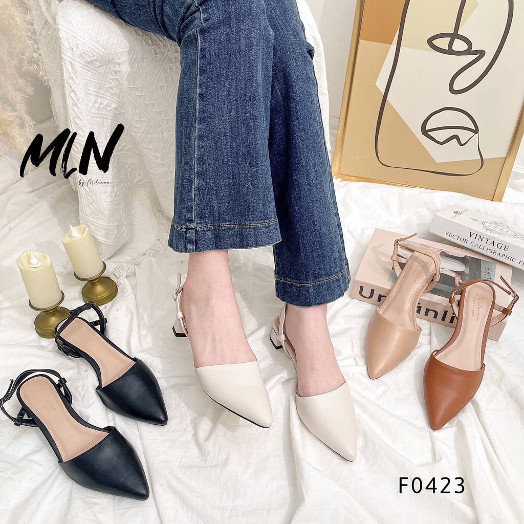 GIÀY SANDAL NỮ GÓT LÉP 4P SLINGBACK BÍT MŨI NHỌN TRƠN DA MỀM F0423