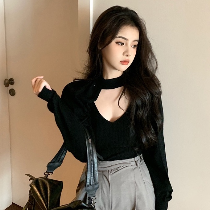 ihkke Áo Sweater Màu Trơn Thiết Kế Tay Dài Hở Lưng Đơn Giản Tôn Dáng Gợi Cảm