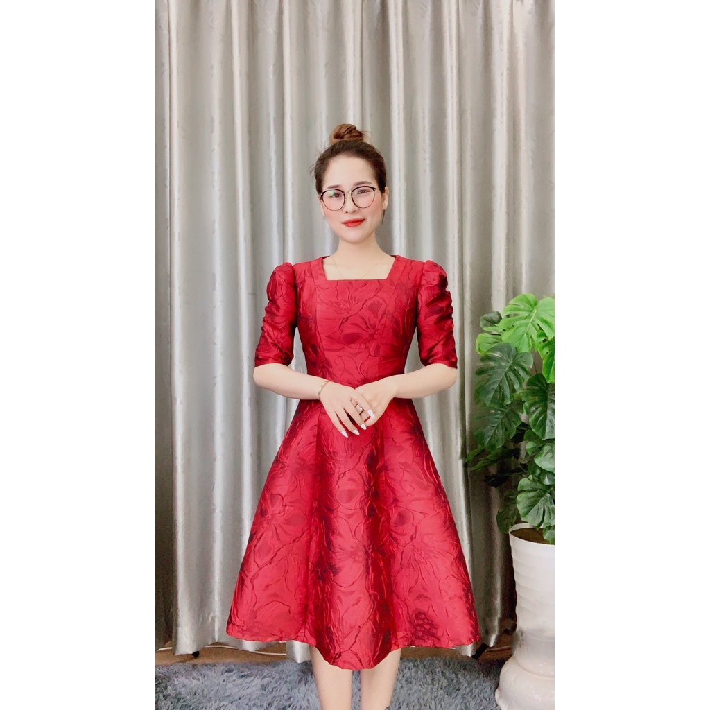 Váy Thiết Kế VNXK - Đầm Công Sở Gấm Tay Bồng Dáng Xoè Cao Cấp Sang Trọng - TINI Shop