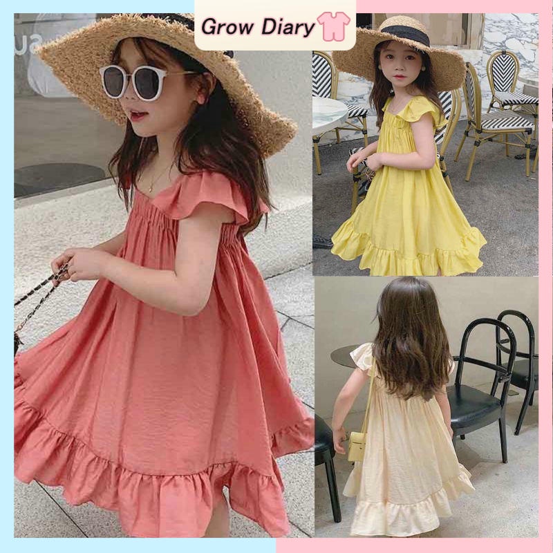 Váy cho bé gái Đầm Công Chúa Hai Dây Cổ Vuông Màu Trơn Thời Trang Mùa Hè Cho Bé Gái 1-6 Tuổi