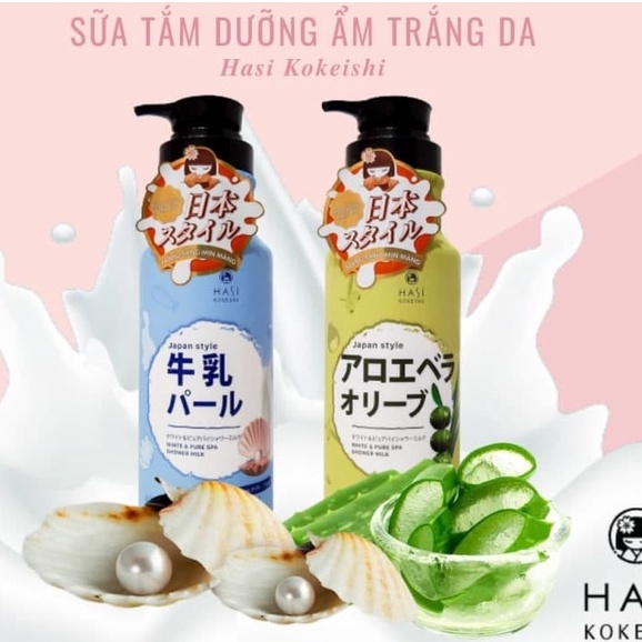 Sữa tắm trắng da , dưỡng da HASI KOKESHI COW MILK AND PEARL EXTRACT chiết xuất sữa bò ,ngọc trai 600 - 950 ml