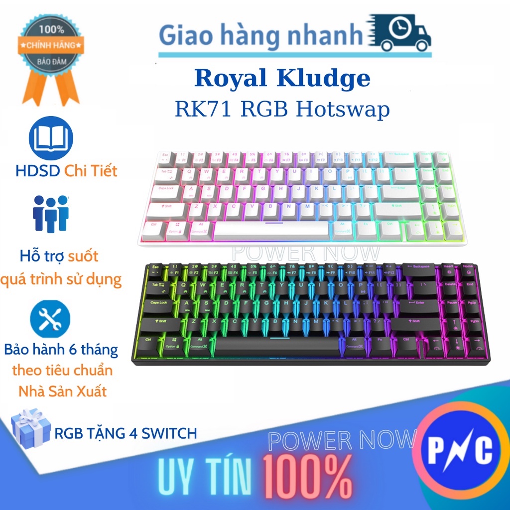 Bàn Phím Cơ Không Dây Royal Kludge HOTSWAP RK71, RK100. Bluetooth 5.0/ Wifi - Kèm Receiver/ Có Dây. CHÍNH HÃN