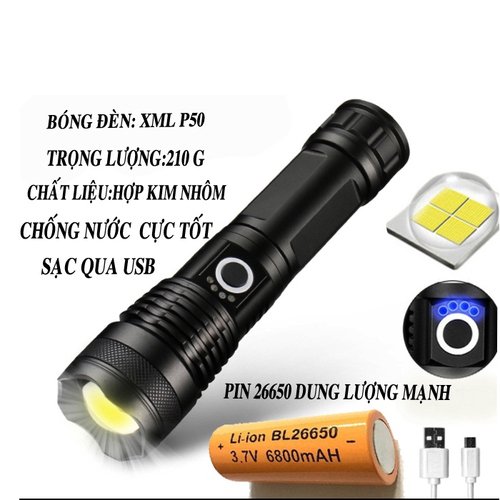 Combo 2 cây Đèn pin siêu sáng cầm tay và Đèn pin đội đầu METALSTORE chống nước