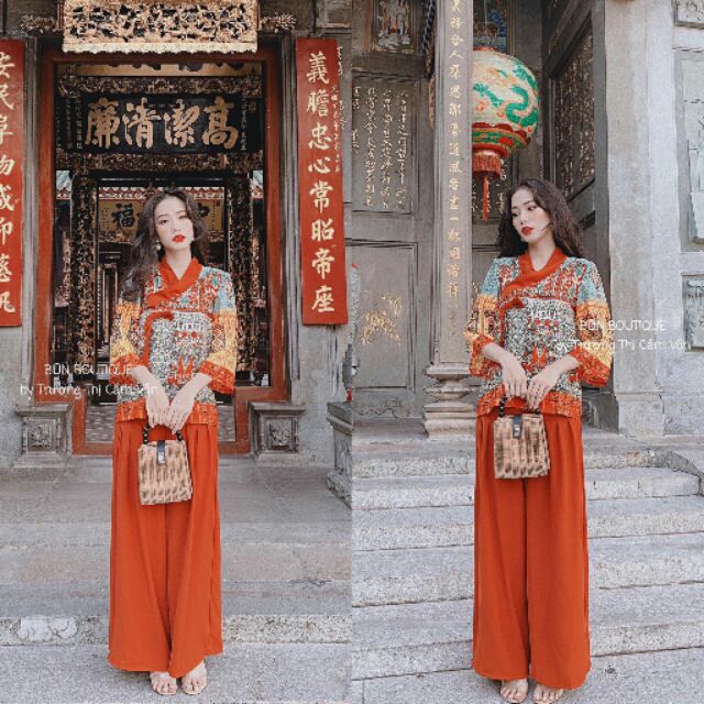 Bộ lam đi chùa thổ cẩm cột eo
