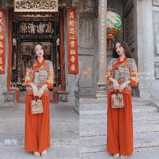 Bộ lam đi chùa thổ cẩm cột eo
