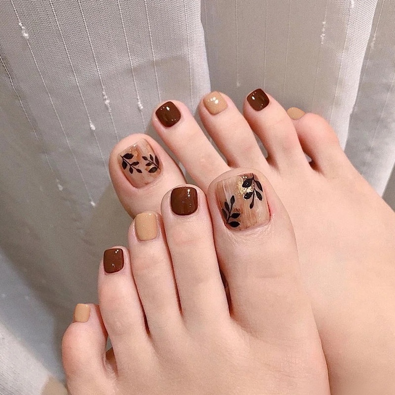 Bộ 24 móng chân giả màu nâu đỏ💖beauty nail 💖( kèm theo keo dán + dũa móng ) hoạ tiết đơn giản