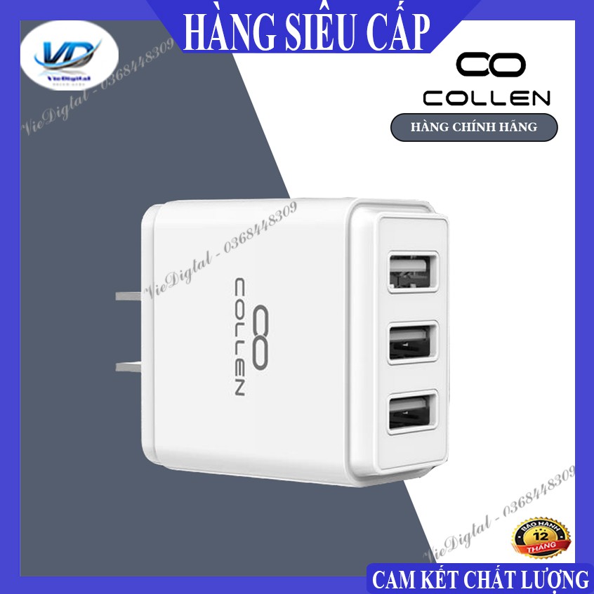 Củ Sạc Nhanh 3.4A 3 Cổng 3 Chân Cắm USB Collen Đa Năng Cho Điện Thoại [bảo hành 6 tháng, lỗi 1 đổi 1 trong 30 ngày]