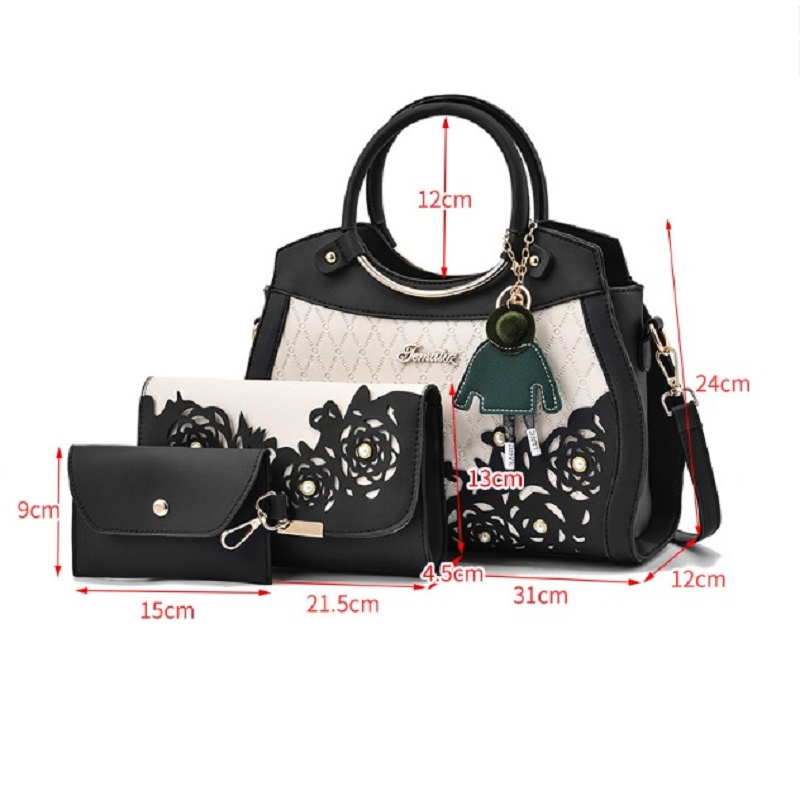 (SẴN) Combo túi xách nữ công sở cao cấp 3 món họa tiết đính hoa sang trọng HER BAG TXN03