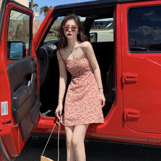 (Sẵn M) Đầm 2 dây dáng chữ A hoa nhí đỏ nhẹ nhàng / Váy sexy