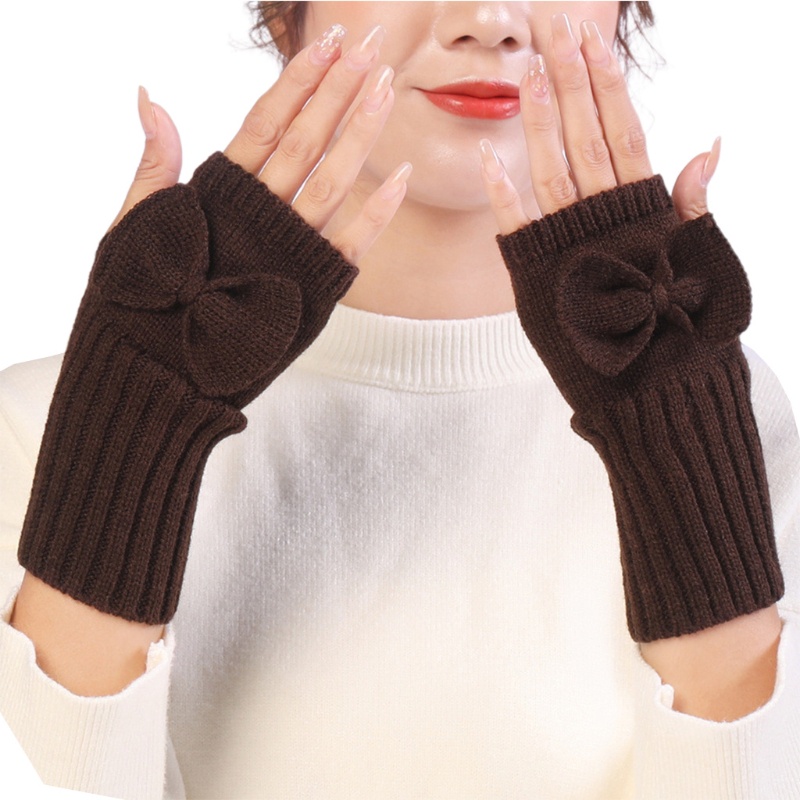 Găng Tay Len Hở Ngón Màu Trơn Đính Nơ Dễ Thương Cho Nữ