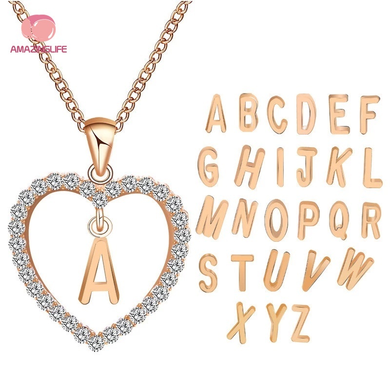 [Amazinglife] Vòng cổ Kim Loại Mặt Chữ Cái Tiếng Anh / Trái Tim Đính Đá Đơn Giản Sáng Tạo / Quà Tặng Bạn Gái