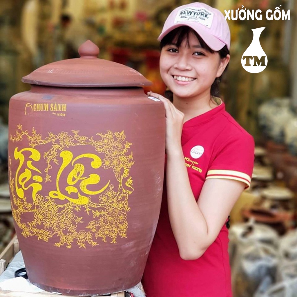 Hũ đựng gạo Xưởng Gốm TM Bát Tràng màu nâu đỏ không tráng men chữ Tài Lộc nhiều kích thước