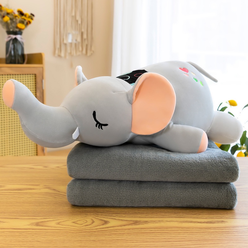 Bộ chăn gối cho bé đi học, làm việc văn phồng hình voi 2in1