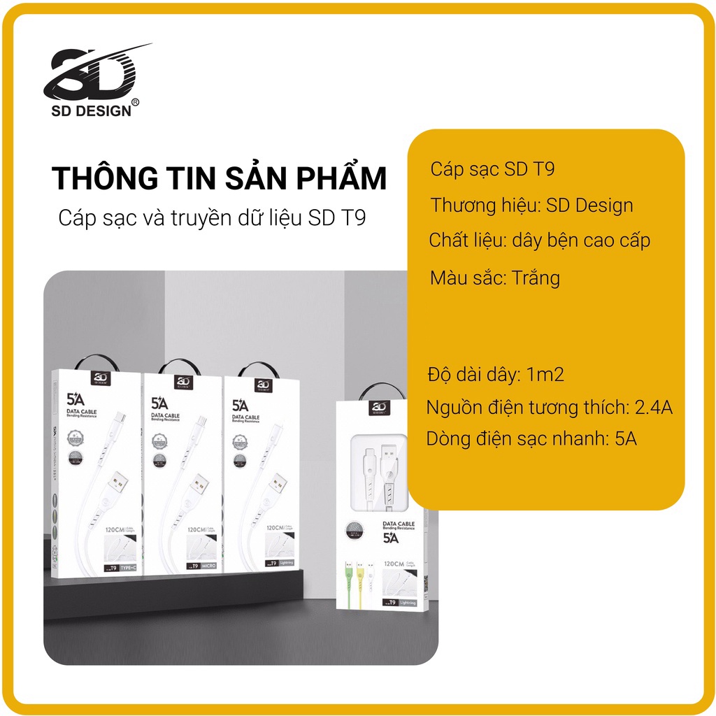 Cáp sạc nhanh 5A T9 chính hãng SD DESIGN giúp sạc nhanh đầy đủ các chân sạc cho các thiết bị di động