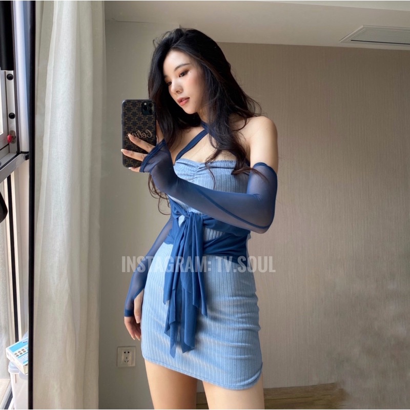 [CÓ SẴN, ẢNH THẬT] 𝐓𝐕 𝐒𝐎𝐔𝐋 Đầm body xanh phối voan kèm tay rời
