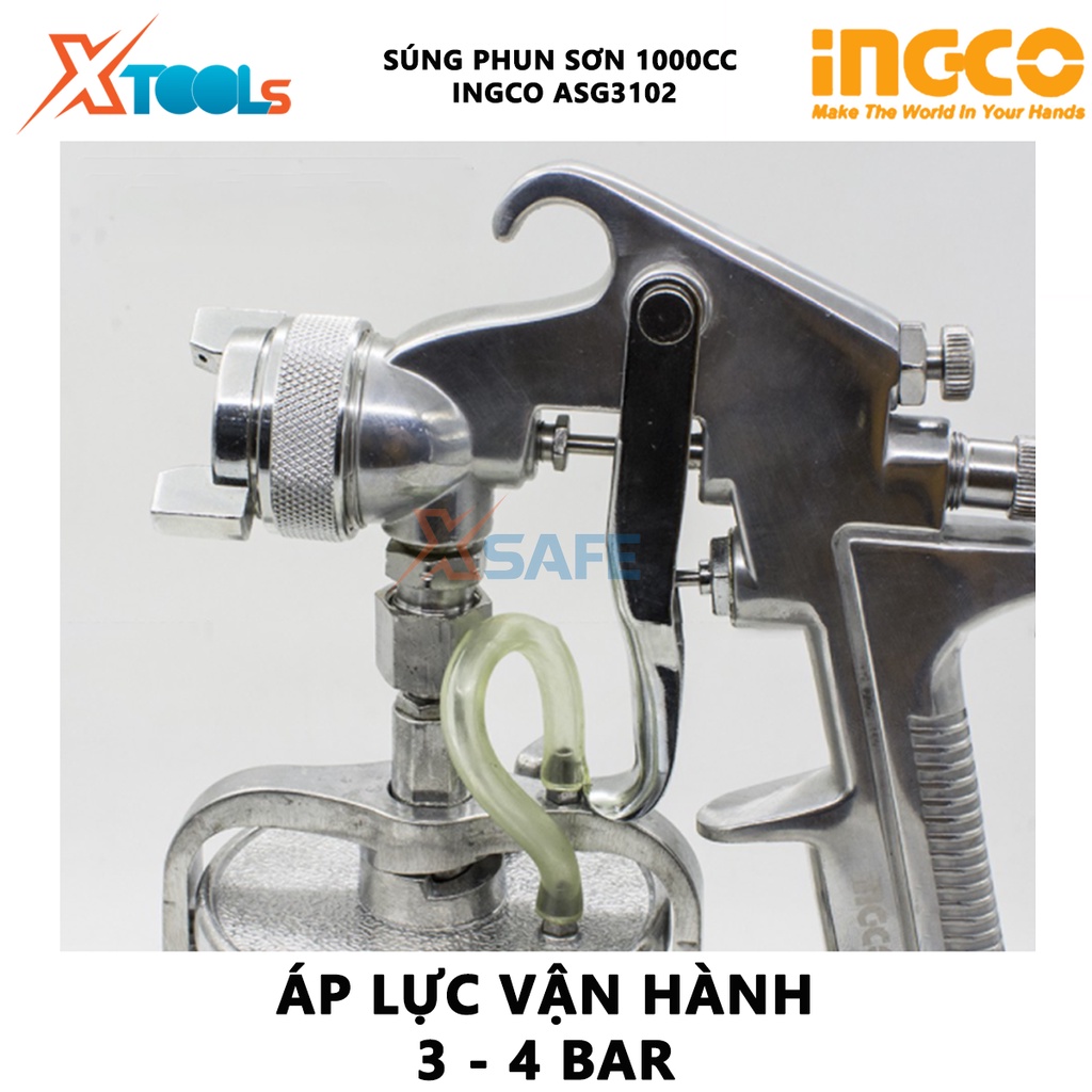 Súng phun sơn INGCO ASG3102 | máy phun sơn Vòi phun tiêu chuẩn 1.8mm, Dung tích 1.0L, Áp lực vận hành 3 - 4 bar phun sơn