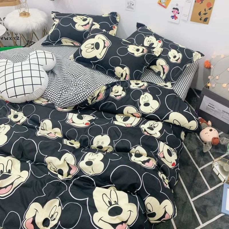 Bộ Chăn Ga Gối Chuột Mickey Polly Cotton Cao Cấp - Bộ Chăn Ga Gối Đệm 5 Món