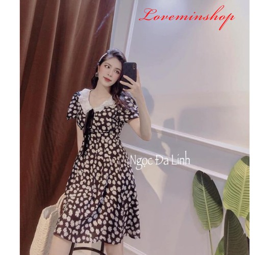 Váy đầm hoa cúc tiểu thư cổ ren tay ngắn dáng dài xòe,váy thiết kế Hotrend phong cách Hàn Quốc Freesize LOVEMIN-M18 | BigBuy360 - bigbuy360.vn