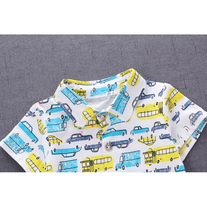 Two-piece denim shorts boys fashion and comfortable cotton polo cartoon car short-sleeved T-shirt + children