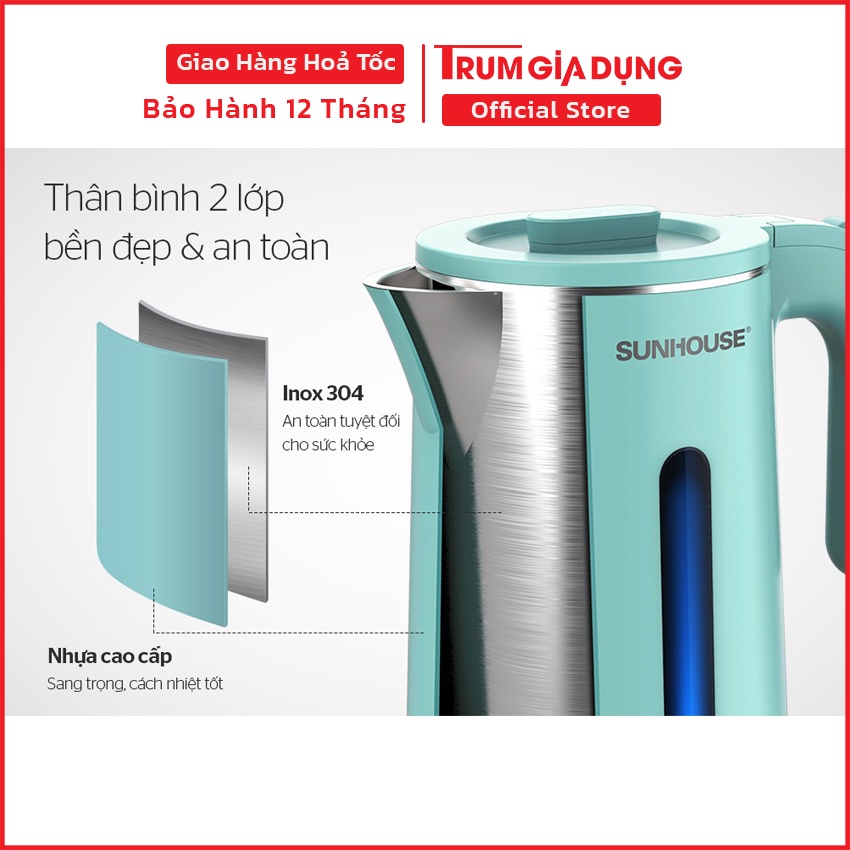 Ấm siêu tốc, bình đun siêu tốc Sunhouse inox 2 lớp, dung tích 1,8 lit, SHD1351