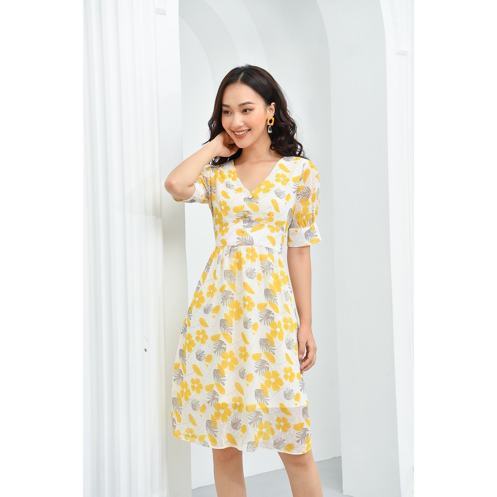 Váy Thiết Kế Nữ Hoa Vàng LUPERI LFV3203 Vải Đũi Hàn Thoáng Mát Cho Bạn Nữ Đi Làm Đi Chơi Đi Dạo Phố