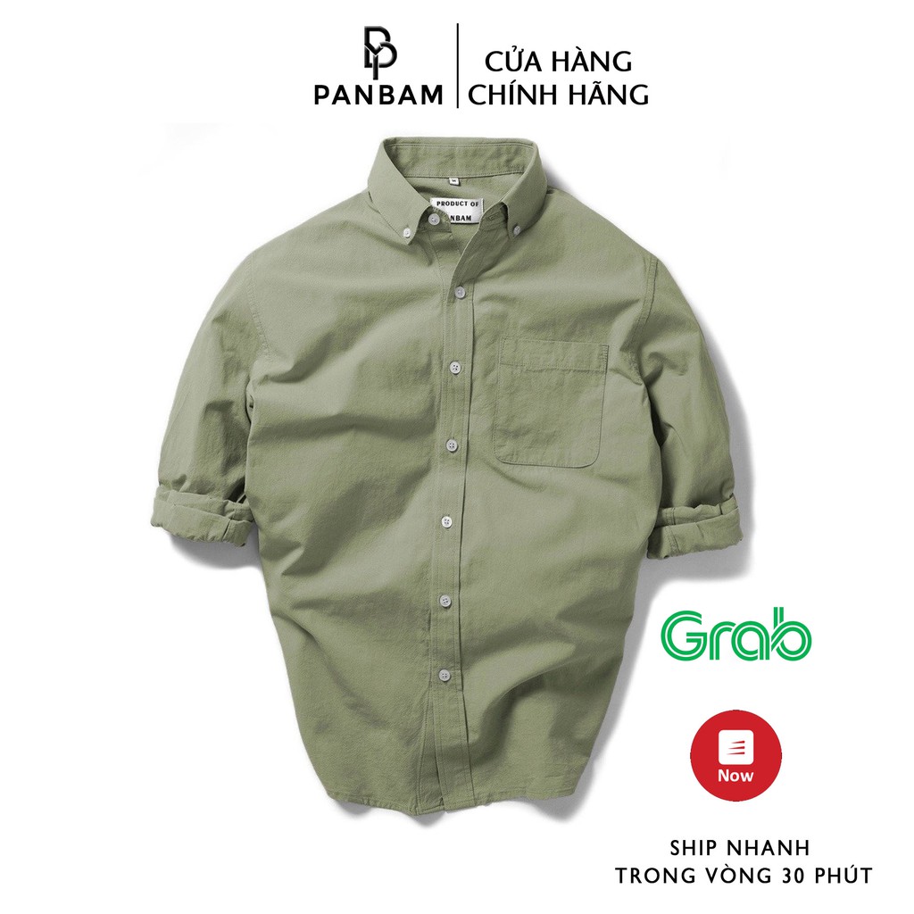 Áo sơ mi tay dài  PANBAM 100% Cotton, dày dặn, form regular fit màu xanh lính  - FULL TAG MẠC CỦA SHOP