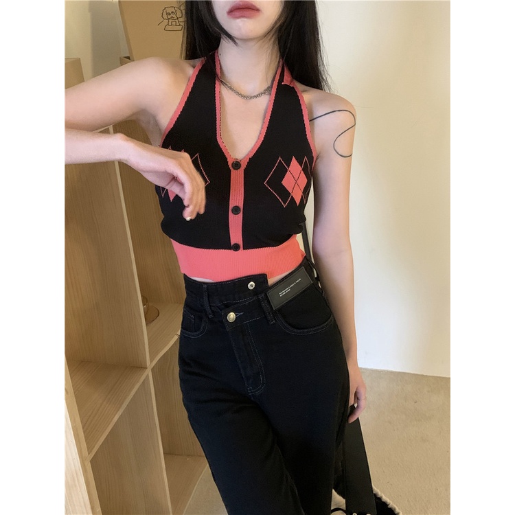 Cocory vn Áo Dệt Kim Hai Dây Ôm Dáng Họa Tiết Kẻ Sọc Caro Màu Tương Phản Quyến Rũ Thời Trang Cho Nữ