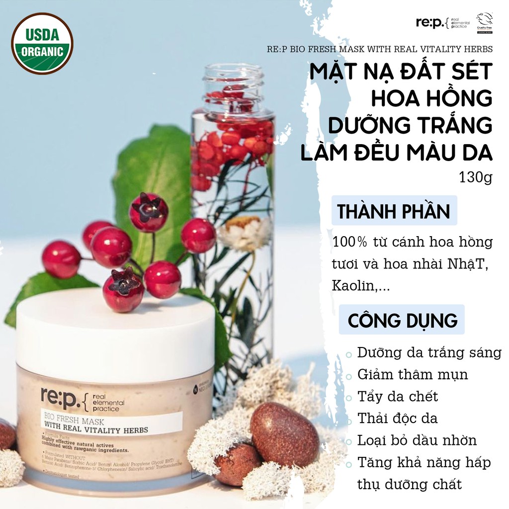 Mặt Nạ Đất Sét Hoa Hồng Dưỡng Trắng Da RE:P Bio Fresh Mask With Real Vitality Herbs 130g Bulsan Beauty