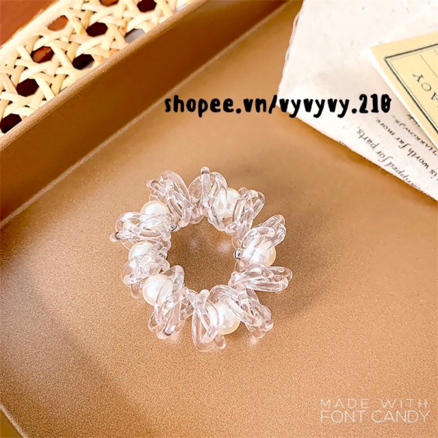 Cột Tóc Lò Xo Trong Suốt Đính Hạt Trai Style Hàn Quốc Đơn Giản, Xinh Xắn