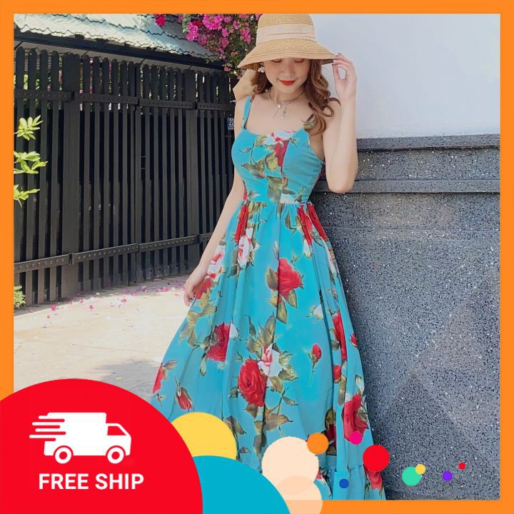 Váy maxi hoa 2 dây hở lưng ⚡𝗙𝗥𝗘𝗘 𝗦𝗛𝗜𝗣⚡ Maxi dáng xoè phối đuôi cá tầng cách điệu, bo chun eo giãn tốt, hàng QC cao cấp | BigBuy360 - bigbuy360.vn