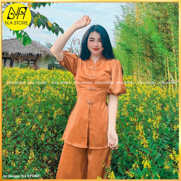 Đồ Lam Đi Chùa Đi Lễ Nữ Phối Nút Tàu Bi Tròn Thủ Công Vải Lụa Tay Phồng AL037++