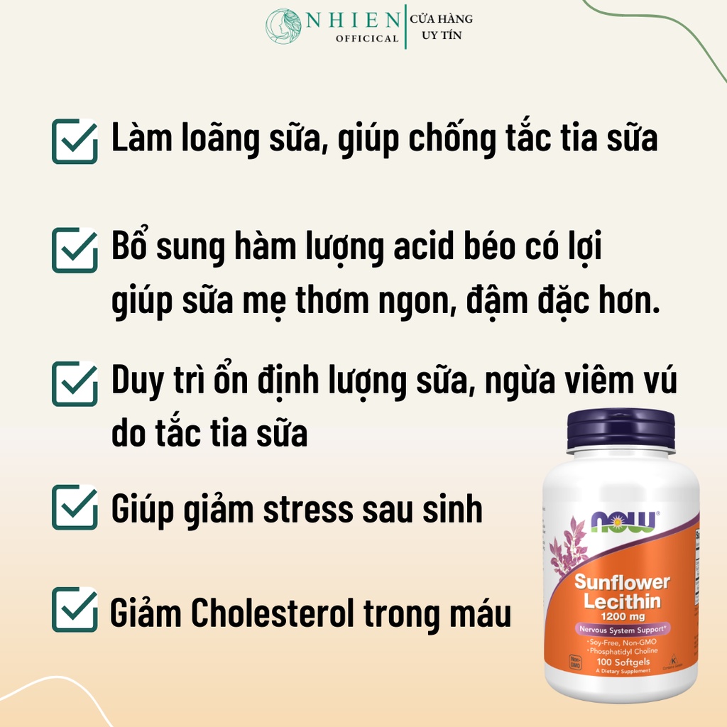 Viên uống chống tắc tia sữa Now Sunflower Lecithin 1200mg 100 viên