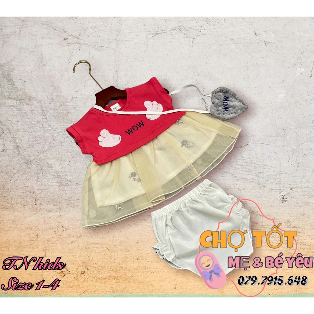 Đầm thun giả yếm phối voan mềm kèm túi bé gái (4-10kg)