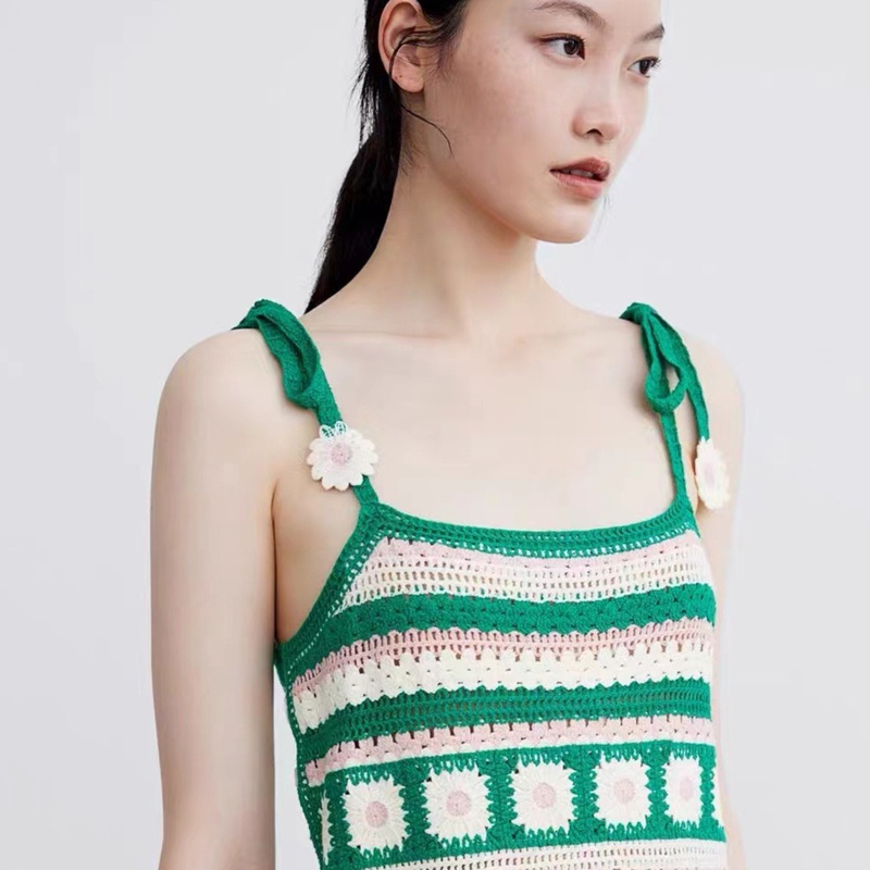 Xiangbao Áo Croptop Dệt Kim Họa Tiết Hoa Sọc Rỗng Đan Dây Buộc Cổ Cho Nữ