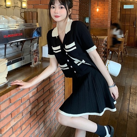 Set đồ 2 món ZHELIHANGFEI gồm áo sơ mi dệt kim cổ polo ngắn tay và chân váy eo cao phong cách gợi cảm